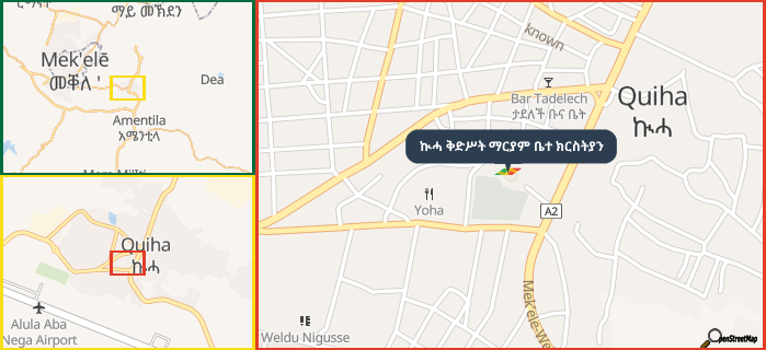 Map showing the address of ኲሓ ቅድሥት ማርያም ቤተ ክርስትያን in three different zoom levels.