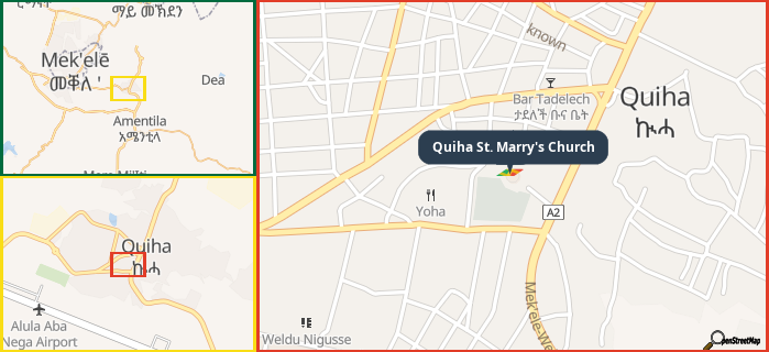 Map showing the address of Quiha St. Marry's Church in three different zoom levels.