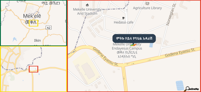 Map showing the address of ምትኩ ሃይለ የባህል አዳራሽ in three different zoom levels.