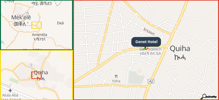 Map showing the address of Genet Hotel in three different zoom levels.
