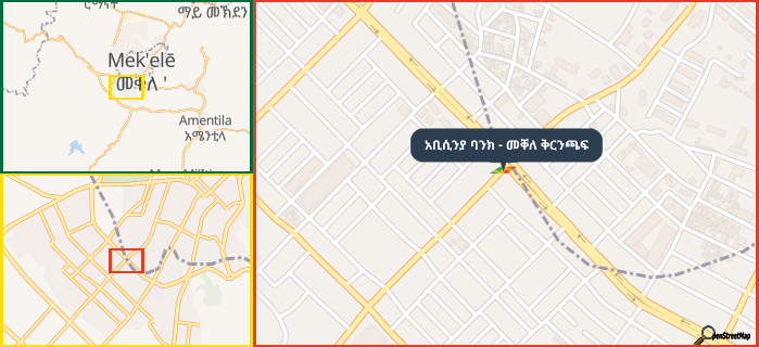 Map showing the address of አቢሲንያ ባንክ - መቐለ ቅርንጫፍ in three different zoom levels.