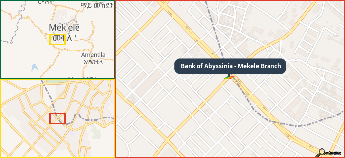 Map showing the address of Bank of Abyssinia - Mekele Branch in three different zoom levels.