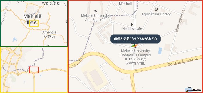 Map showing the address of መቐለ ዩኒቨርሲቲ እንዳየሱስ ግቢ in three different zoom levels.