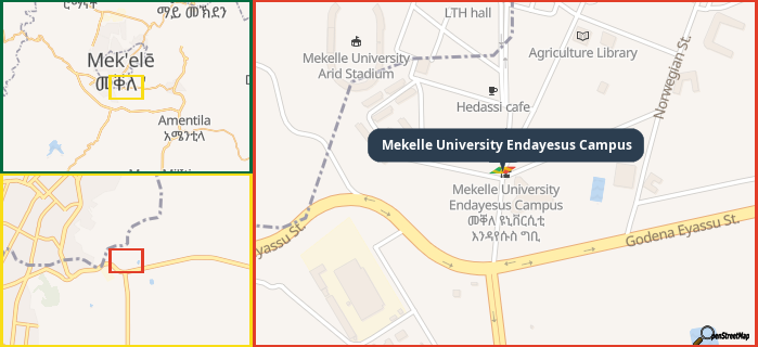 Map showing the address of Mekelle University Endayesus Campus in three different zoom levels.