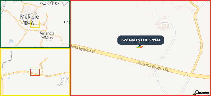 Map showing the address of Godena Eyassu Street in three different zoom levels.