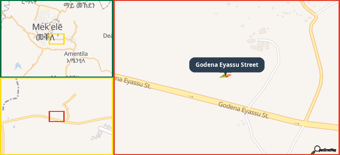 Map showing the address of Godena Eyassu Street in three different zoom levels.