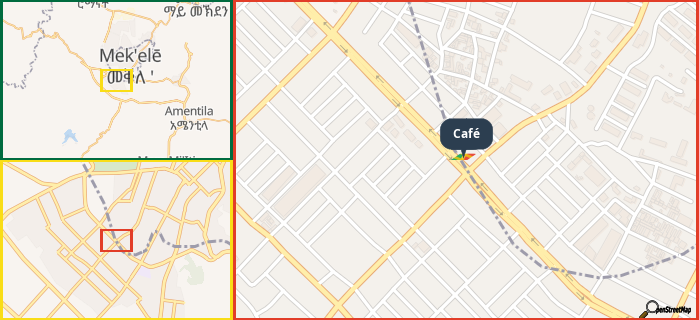 Map showing the address of Café in three different zoom levels.