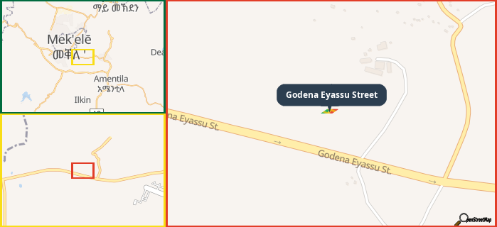 Map showing the address of Godena Eyassu Street in three different zoom levels.