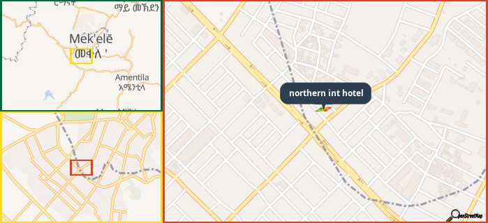 Map showing the address of northern int hotel in three different zoom levels.