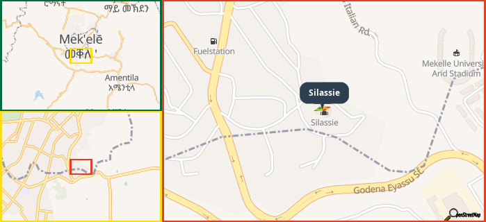 Map showing the address of Silassie in three different zoom levels.
