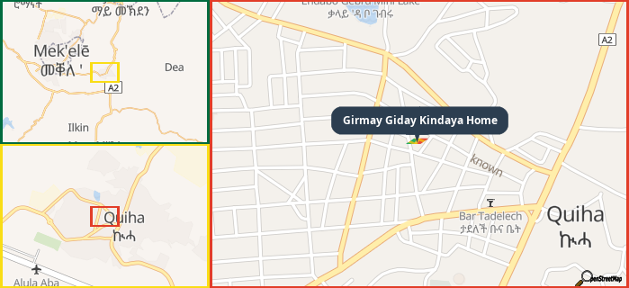 Map showing the address of Girmay Giday Kindaya Home in three different zoom levels.