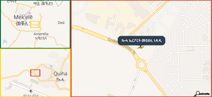 Map showing the address of ኲሓ ኤርፖርት መዐደሊ ነዳዲ in three different zoom levels.
