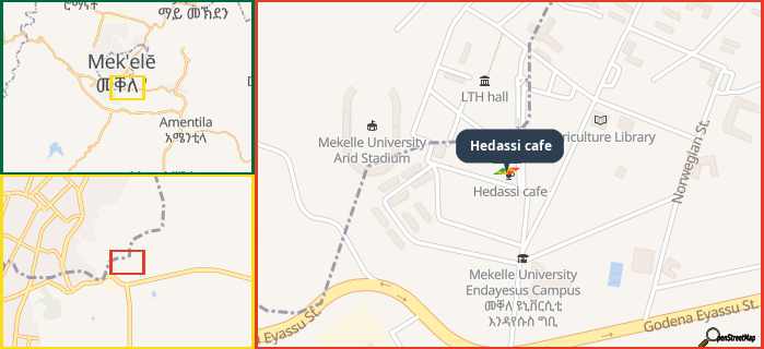 Map showing the address of Hedassi cafe in three different zoom levels.