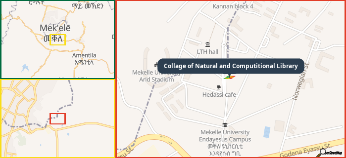 Map showing the address of Collage of Natural and Computitional Library in three different zoom levels.