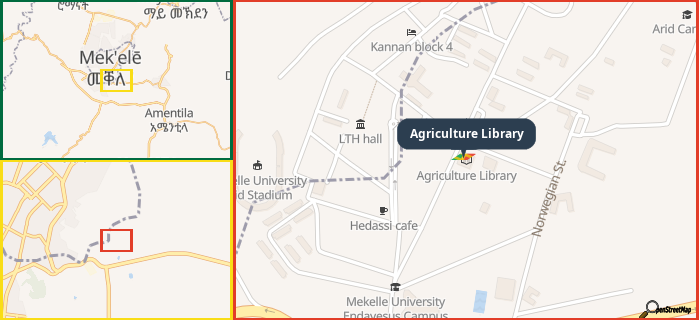 Map showing the address of Agriculture Library in three different zoom levels.