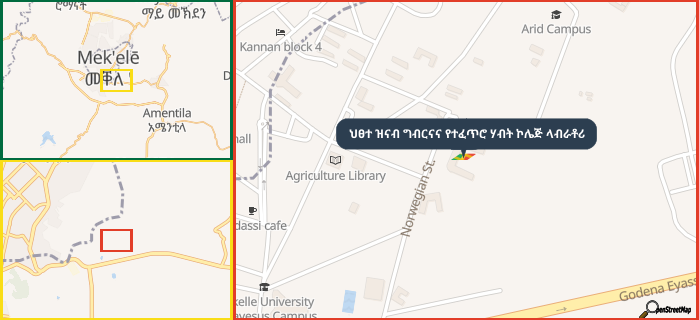 Map showing the address of ህፀተ ዝናብ ግብርናና የተፈጥሮ ሃብት ኮሌጅ ላብራቶሪ in three different zoom levels.