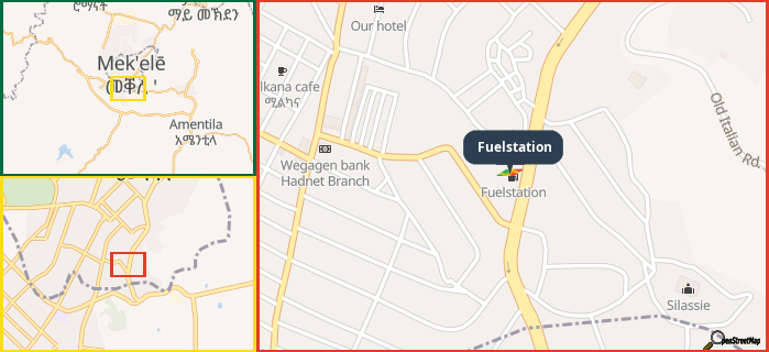 Map showing the address of Fuelstation in three different zoom levels.