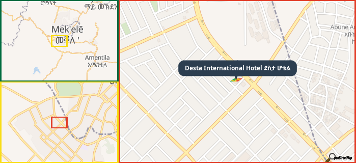 Map showing the address of Desta International Hotel ደስታ ሆቴል in three different zoom levels.