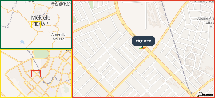 Map showing the address of ደስታ ሆተል in three different zoom levels.
