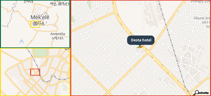Map showing the address of Desta hotel in three different zoom levels.
