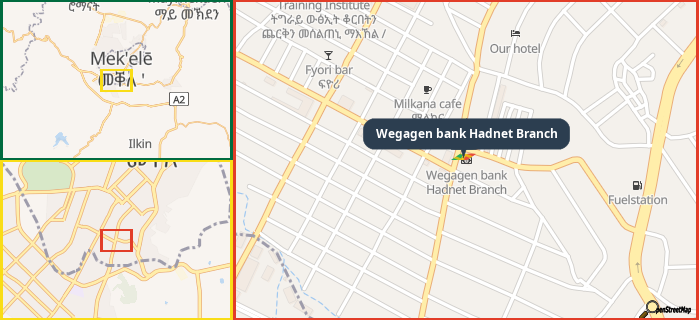 Map showing the address of Wegagen bank Hadnet Branch in three different zoom levels.