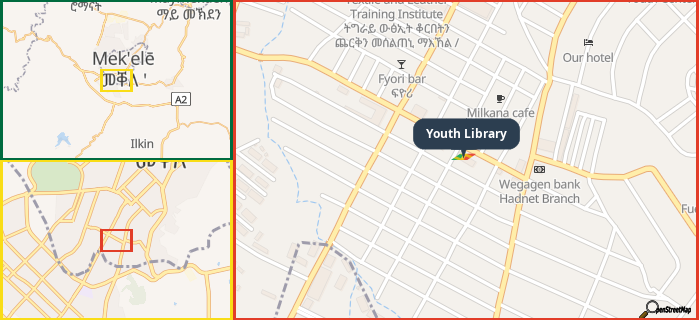 Map showing the address of Youth Library in three different zoom levels.