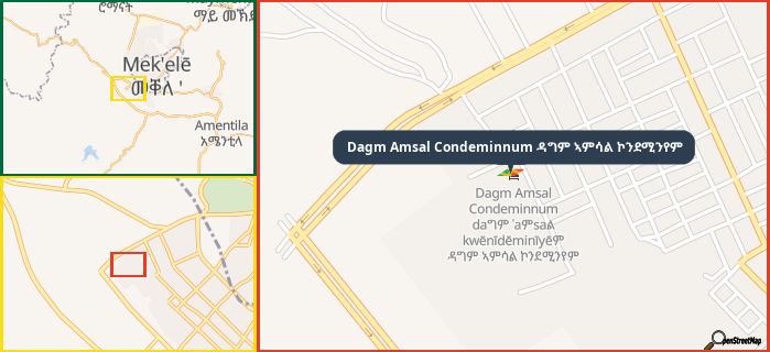 Map showing the address of Dagm Amsal Condeminnum ዳግም ኣምሳል ኮንደሚንየም in three different zoom levels.