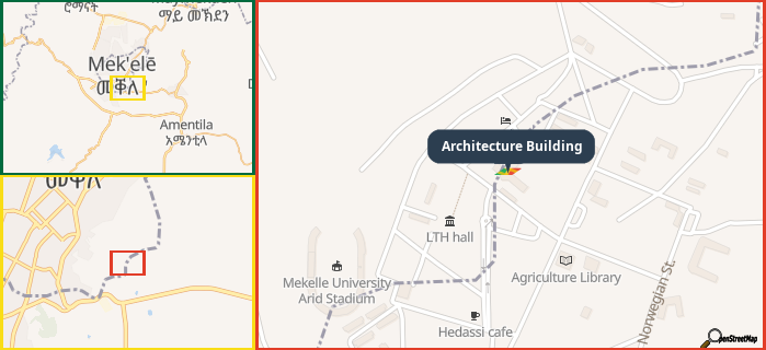 Map showing the address of Architecture Building in three different zoom levels.