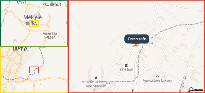 Map showing the address of Fresh cafe in three different zoom levels.
