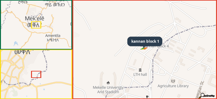 Map showing the address of kannan block 1 in three different zoom levels.
