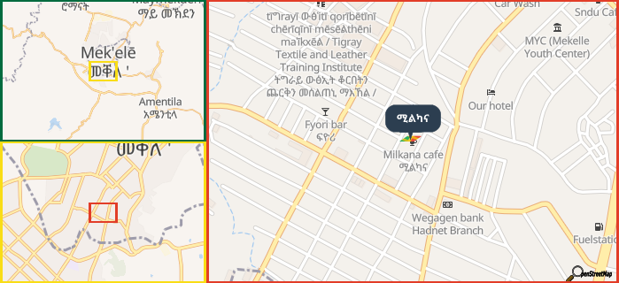 Map showing the address of ሚልካና in three different zoom levels.
