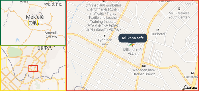Map showing the address of Milkana cafe in three different zoom levels.