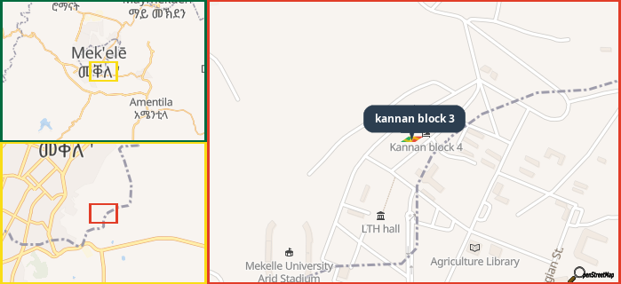 Map showing the address of kannan block 3 in three different zoom levels.