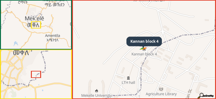 Map showing the address of Kannan block 4 in three different zoom levels.