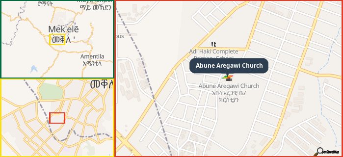 Map showing the address of Abune Aregawi Church in three different zoom levels.