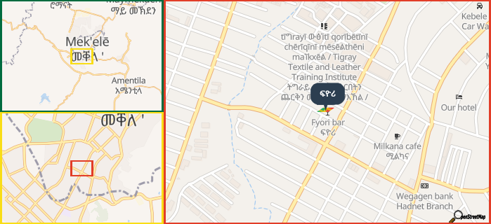 Map showing the address of ፍዮሪ in three different zoom levels.