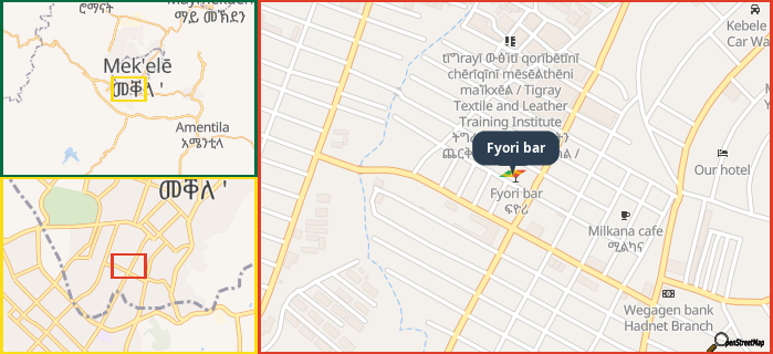 Map showing the address of Fyori bar in three different zoom levels.
