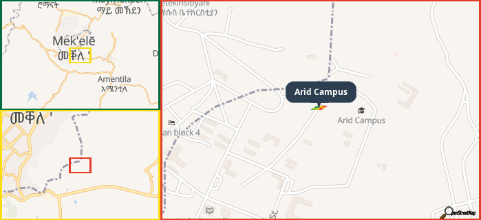 Map showing the address of Arid Campus in three different zoom levels.