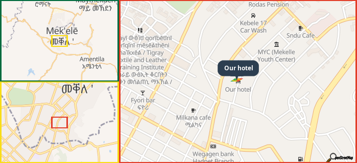 Map showing the address of Our hotel in three different zoom levels.