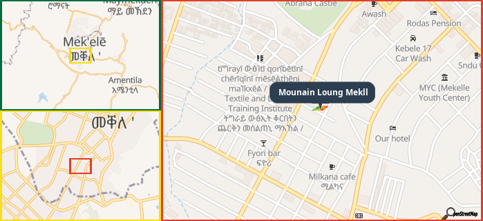 Map showing the address of Mounain Loung Mekll in three different zoom levels.