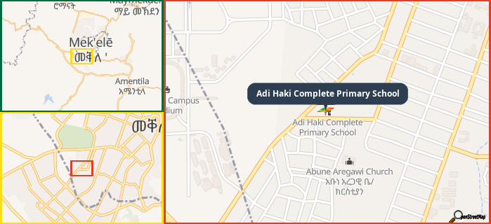 Map showing the address of Adi Haki Complete Primary School in three different zoom levels.