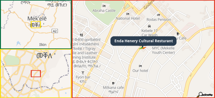 Map showing the address of Enda Henery Cultural Resturant in three different zoom levels.