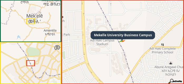 Map showing the address of Mekelle University Business Campus in three different zoom levels.