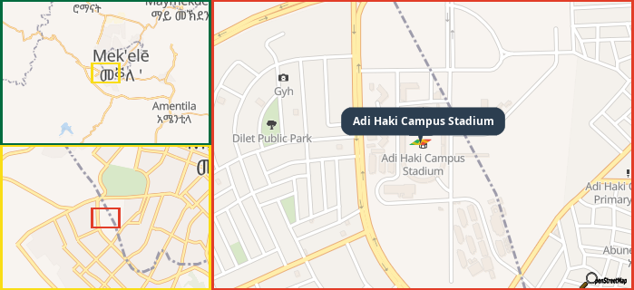 Map showing the address of Adi Haki Campus Stadium in three different zoom levels.