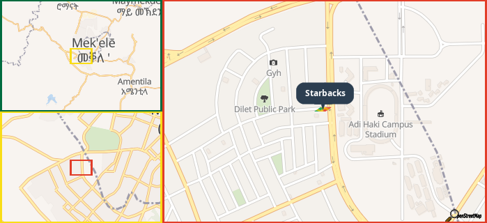 Map showing the address of Starbacks in three different zoom levels.