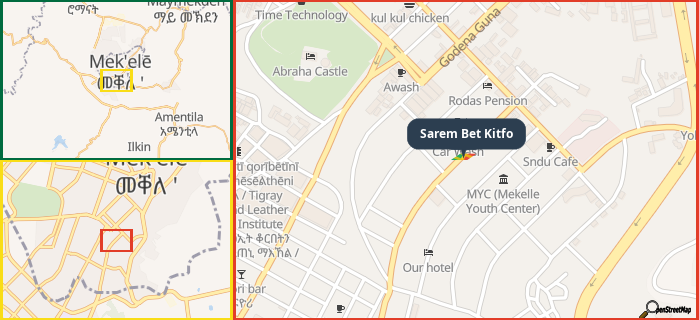 Map showing the address of Sarem Bet Kitfo in three different zoom levels.