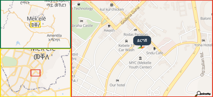 Map showing the address of ይርግሽ in three different zoom levels.