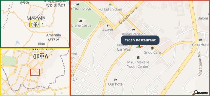 Map showing the address of Yrgsh Restaurant in three different zoom levels.