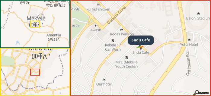 Map showing the address of Sndu Cafe in three different zoom levels.