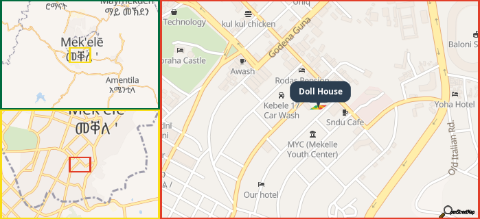 Map showing the address of Doll House in three different zoom levels.